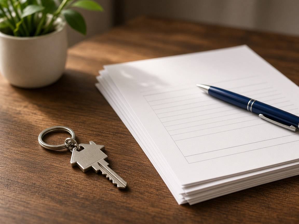 A house key beside closing paperwork and a pen