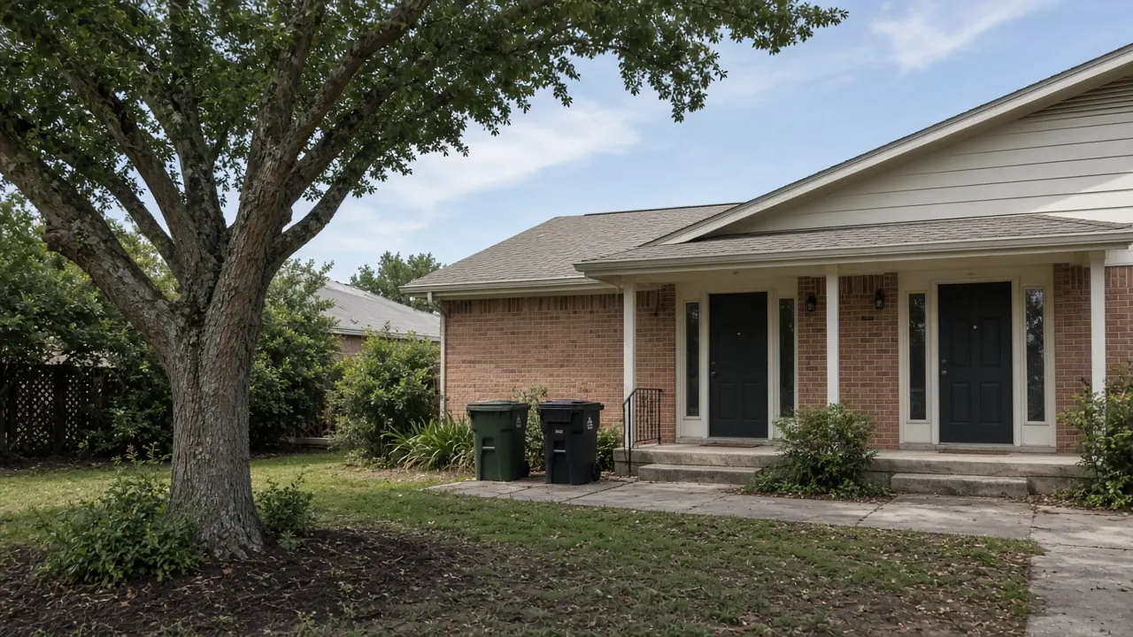 A modest brick duplex-style rental house with two front doors